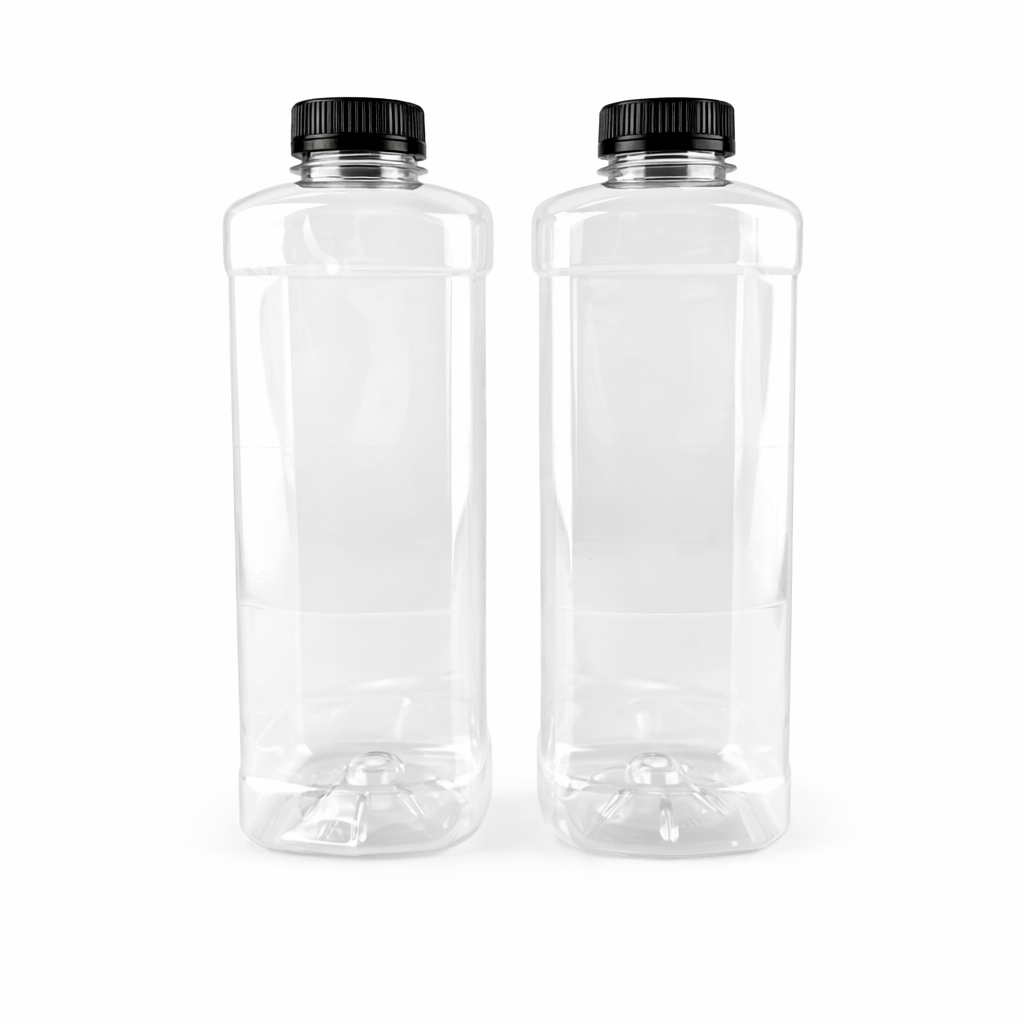 Пляшка пет 1 л Преміум  квадратна з широким горлом 38 мм, (1/уп/25/шт), з чорною кришкою ПЕТ